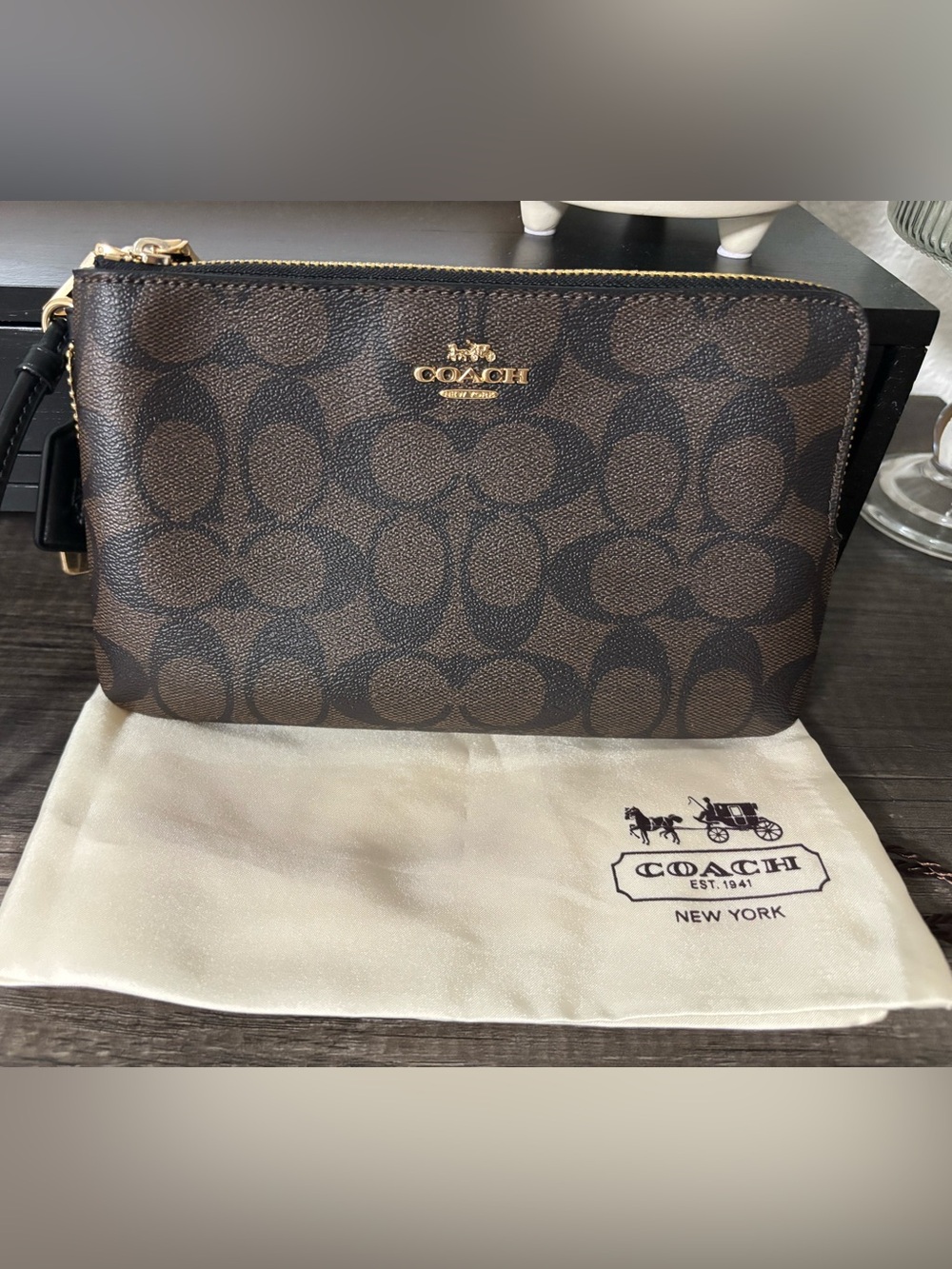 Coach Brown Signature Double Zip Wristlet w/Hang Tags & Dust Bag